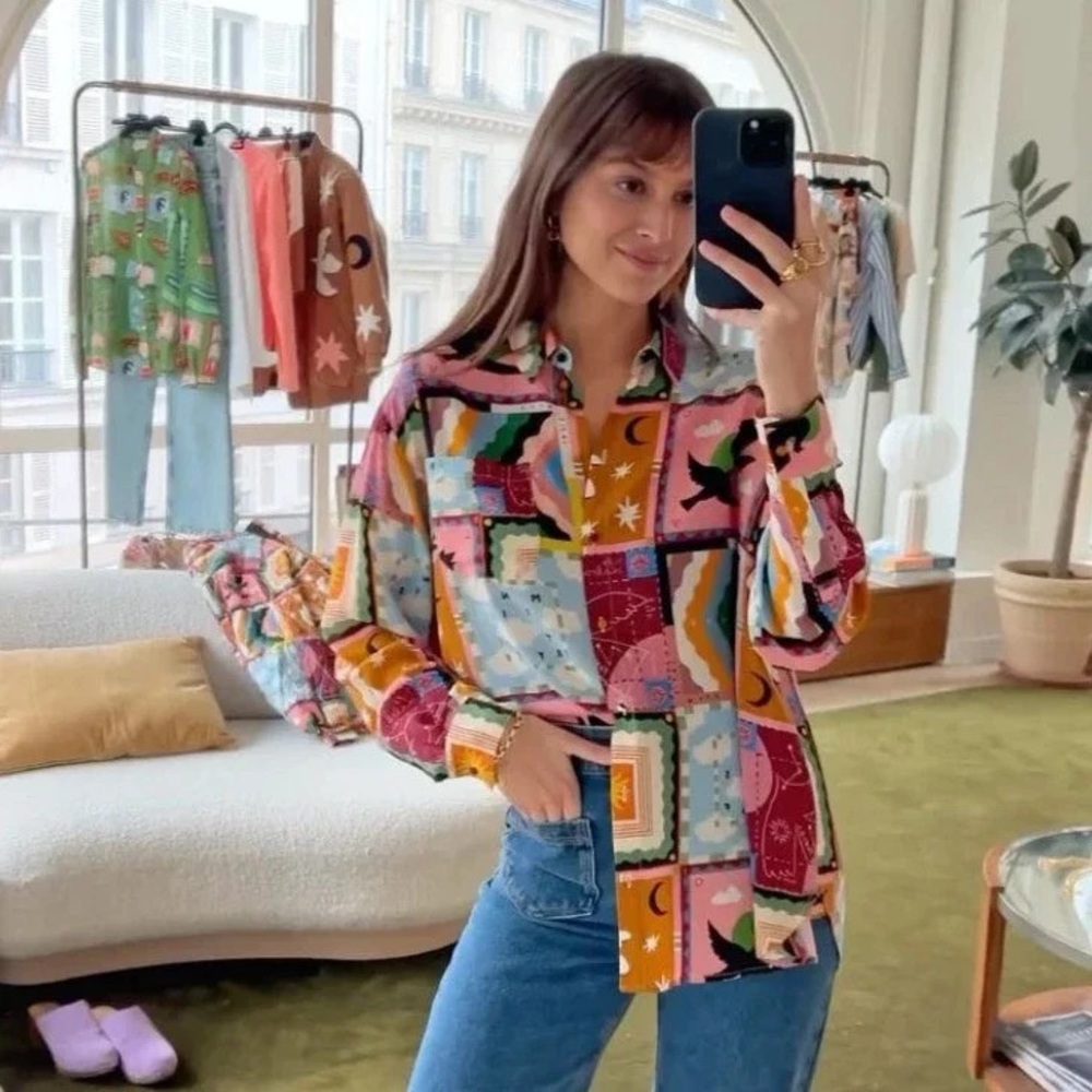 Rare** Sezane X Pangea Patchwork Button Down Max Shirt EUC sz 36